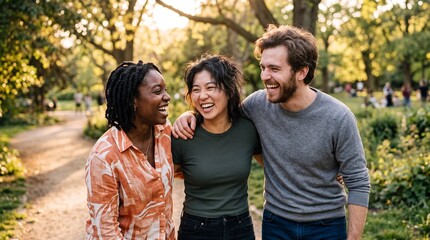 Fototapeta premium Happy diverse group of young friends laughing together in a sunny park during golden hour