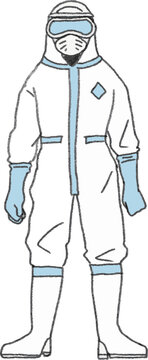 畜産農場の防疫作業で防護服とマスクとゴーグルをフル着用した作業員のイラスト（防護具・衛生管理・バイオセキュリティ・ベクター素材）