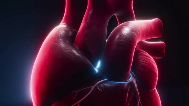 The human heart glows red with a blue light on  highlighting the aorta vessel.