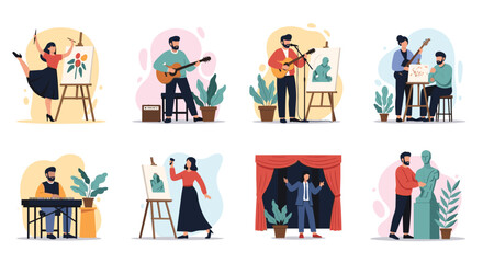 Fototapeta premium Illustration set of people participating in different artistic activities like painting, playing guitar, singing, dancing, and sculpting.