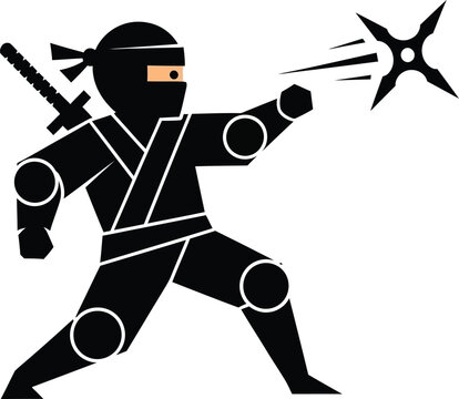 Black ninja warrior icon throwing a sharp metal shuriken star weapon with a sword on his back in a fighting pose
