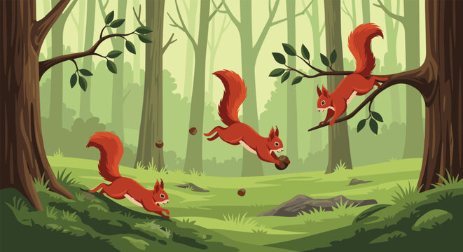 Playful scene in a sunlit forest with several red squirrels running, jumping, and carrying acorns among the trees and grass.