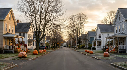 Obraz premium Decorating suburban houses with pumpkins on a quiet street at sunset time