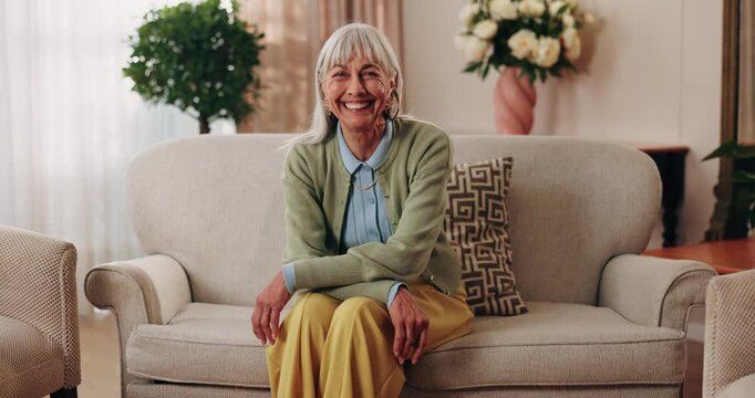 Wellness, face or old woman in house with smile, positive attitude or optimistic for weekend break. Wellbeing, portrait or elderly person with good mood, confidence or happy moment in retirement.