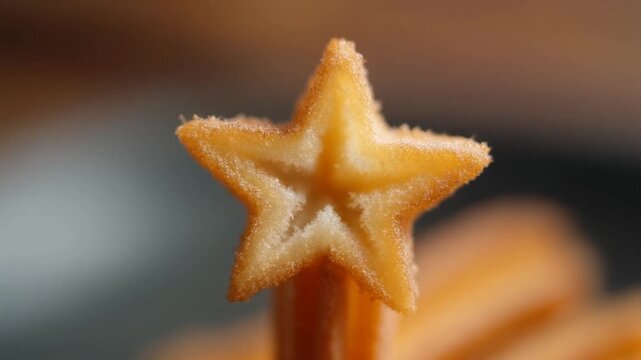 Macro shot of golden star shaped fried churro pastry dessert snack