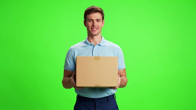 Friendly delivery man in blue polo shirt holding cardboard box package on green screen background