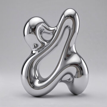Futuristic liquid chrome abstract sculpture featuring elegant biomorphic curves, highly reflective silver metal, smooth glossy finish, luxury minimalist design, isolated studio environment, realistic 