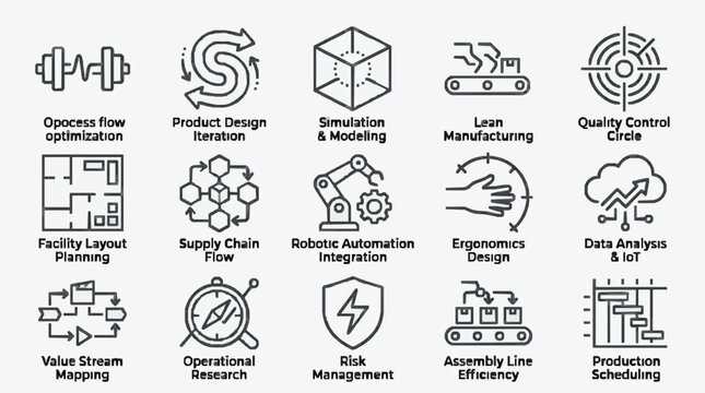 Minimalist Black and White Icons Showcasing Key Industrial Process Optimization Concepts and Manufacturing Workflows