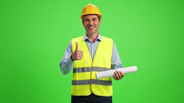 Professional engineer in hard hat and safety vest giving thumbs up holding blueprints on green screen