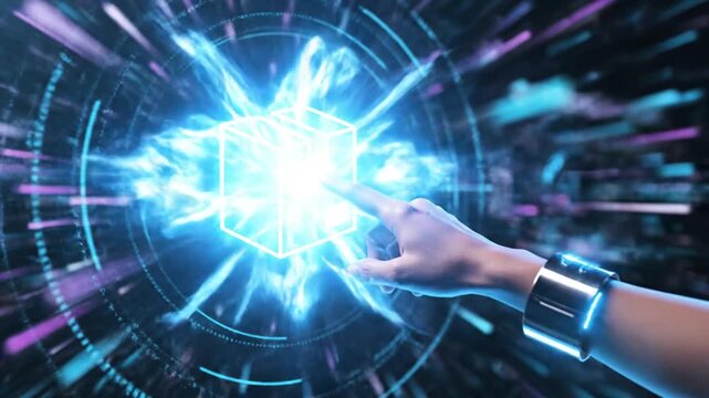 Hand interacting with glowing logistics package icon.