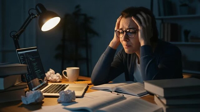 Stressed young female software developer working late at night on laptop, exhausted student studying programming code with books and crumpled paper on desk