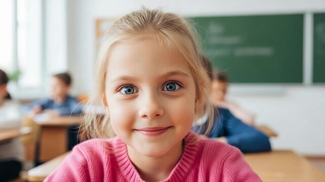 Portrait of a Young Caucasian Schoolgirl Sitting at a Desk in a Classroom Setting Representing Early Childhood Education and Academic Potential