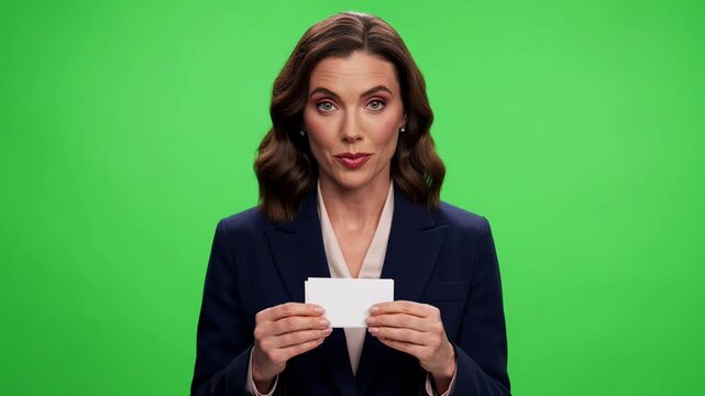 Professional businesswoman holding a blank white business card on a green screen