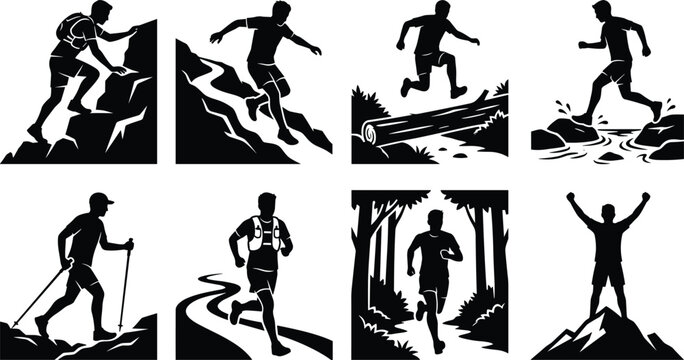 Trail Running Adventure Black Silhouette Collection Featuring Mountain Hiking Forest Paths Obstacle Course and Outdoor Endurance Activities