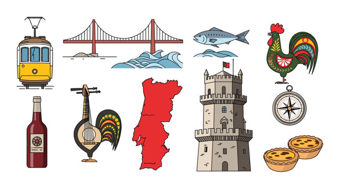 Collection of traditional symbols and landmarks of Portugal including the red map the belem tower a tram and the iconic rooster of barcelos.