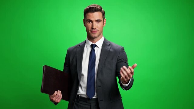 Confident professional businessman in formal suit holding portfolio isolated on green screen