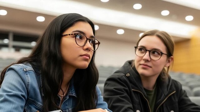 Two diverse young female university students listening attentively during a lecture in a modern college classroom setting