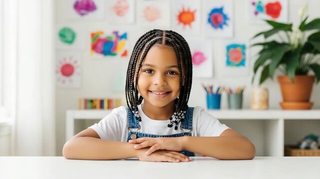 Happy young Black girl with braided hair sitting at desk in classroom, creative art education concept, elementary school student portrait