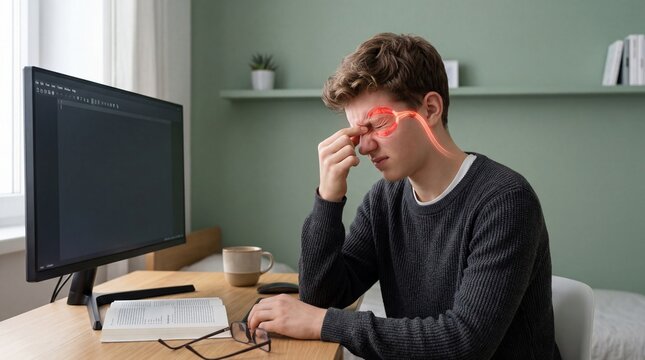 Man suffering from eye strain while working on computer. Student experiencing headache and vision fatigue. Digital health concept and ocular pain illustration for medical awareness.