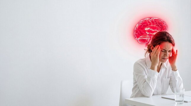 Woman with severe headache clutching head as glowing red brain icon appears above. Conceptual illustration of migraine, stress, tension or neurological disorder for medical health advice.