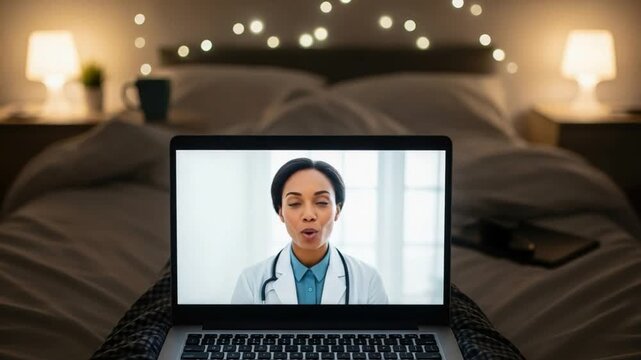 Young Black Female Doctor on Laptop Video Call for Telemedicine Consultation from Bedroom at Night for Remote Healthcare Concept