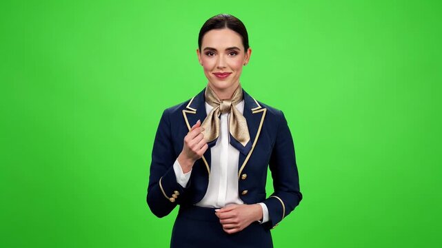 Professional flight attendant in navy uniform presenting on a green screen