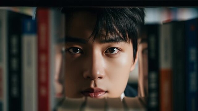 Young Asian man peering through bookshelf gap, intense gaze, concept of curiosity, discovery, knowledge, education, and mystery