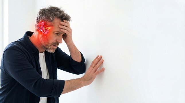 Man experiencing dizziness and vertigo with an illustrated inner ear highlighting balance disorder. Medical concept of inner ear infection, labyrinthitis, or tinnitus symptoms.