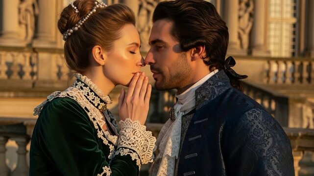 Romantic Regency Couple in Historical Costumes Sharing an Intimate Moment at Sunset Outside a Grand Estate for Period Drama Concept