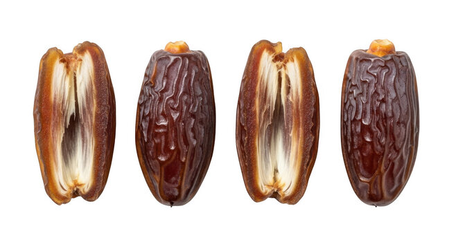 Close-up of four dried apricots with pits