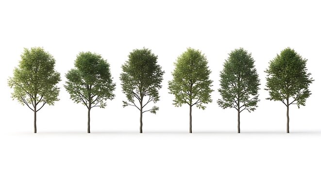 Six lush, diverse trees stand in a row with vibrant green foliage against a bright white background