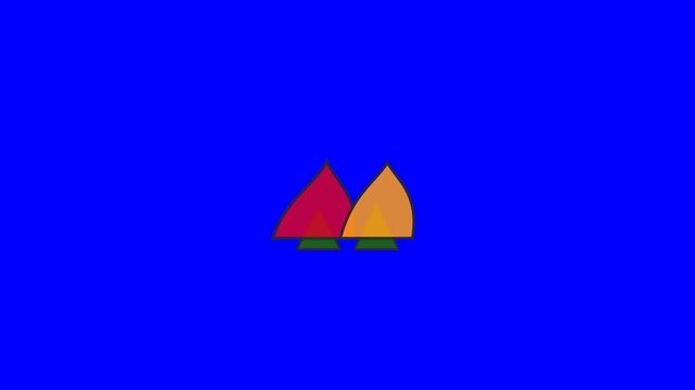 Minimalist stylized triangle trees with vibrant red and orange hues set against a solid blue background in motion video clip