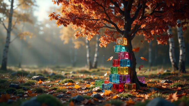 Jewel toned glass cubes rising into autumn maple tree trunk &ndash; Suitable for seasonal transformation concepts, colorful autumn art, or abstract nature.