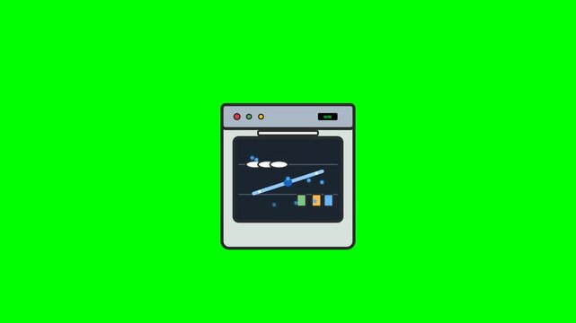 Modern oven appliance running a digital baking simulation with abstract moving light beams and colorful graphic elements in motion video