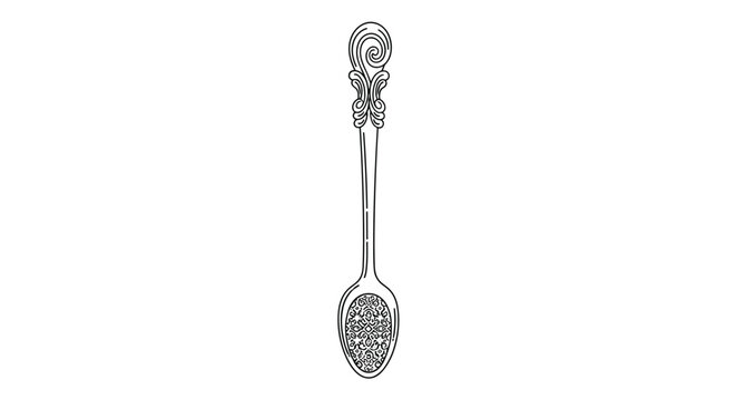 Intricate line art illustration of an antique silver spoon featuring ornate decorative patterns on the handle and bowl for vintage design.