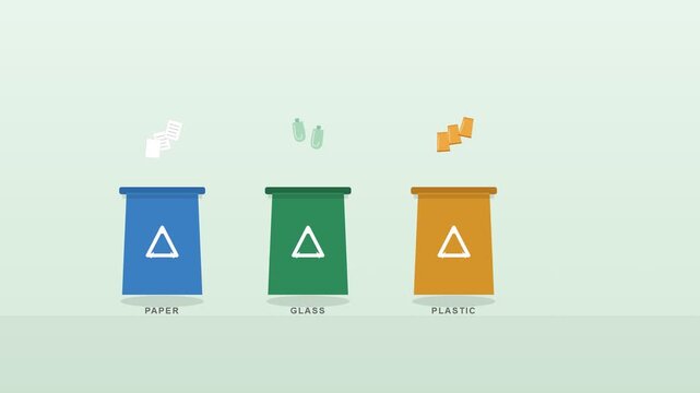 Colorful waste bins for paper glass and plastic sorting demonstrate eco friendly habits in this flat design motion graphic video