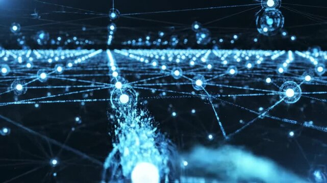 Abstract glowing digital network connections with light particles in a futuristic data stream, representing technology and connectivity