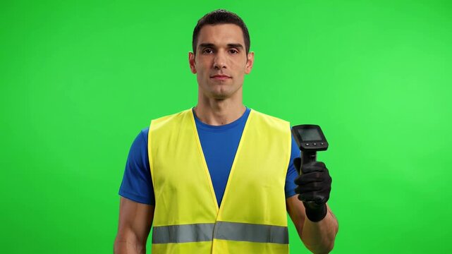 Professional technician in high-visibility vest and gloves holding a diagnostic device on a green screen