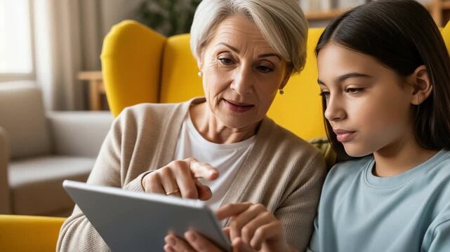 Senior grandmother and young granddaughter using digital tablet together at home, intergenerational technology learning and connection