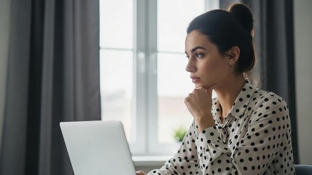 Young Caucasian woman working remotely on laptop at home office, focused professional female freelancer thinking about business strategy, digital nomad lifestyle concept