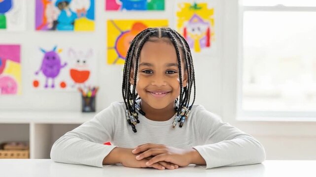 Portrait of a young Black girl with braided hair sitting at a desk in a classroom, representing early childhood education and creative learning