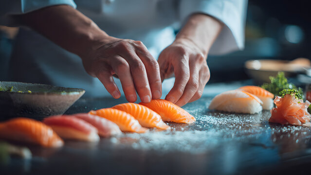 A professional chef carefully prepares fresh premium salmon nigiri sushi on a dark slate table at a luxury Japanese chef table restaurant.