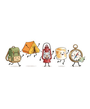 Cute camping characters illustration, happy cartoon outdoor gear set, whimsical backpack and tent icons, funny marshmallow and lantern mascots