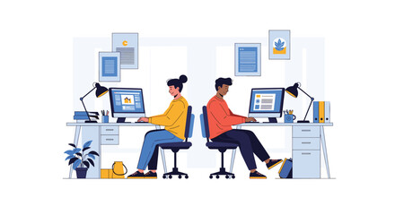 Fototapeta premium Two creative young professionals sitting back to back while working productively at their computers in a modern agency.