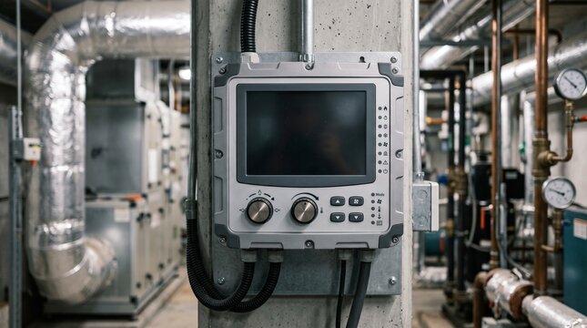 Industrial control panel with pipes and valves.