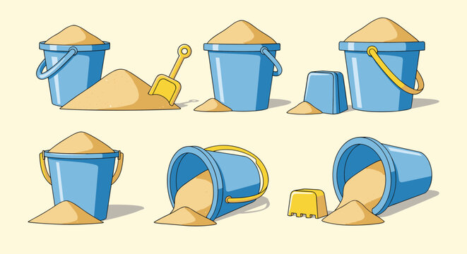 Collection of various blue plastic toy buckets and shovels filled with beach sand isolated on neutral yellow background.