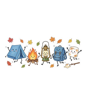 Kawaii camping characters illustration, cute cartoon tent campfire and lantern set, happy outdoor adventure icons with autumn leaves on white background
