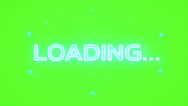 Futuristic neon blue loading text with glowing dots on a green screen