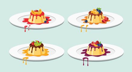 Fototapeta premium Exquisite caramel custard puddings decorated with fresh fruit toppings and dripping berry sauces on white plates.