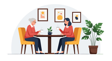 Fototapeta premium Senior mother and her adult daughter sit together at a wooden table enjoying hot tea and talking inside a cozy room.